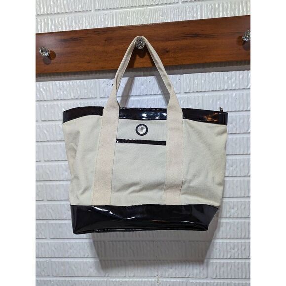 DKNY Women's White Canvas & Black Tote Bag with Dust Cover - Picture 1 of 7